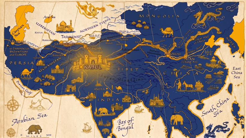 Hand-illustrated map of the historic Silk Road trade routes from Persia through Kabul to Xi'an